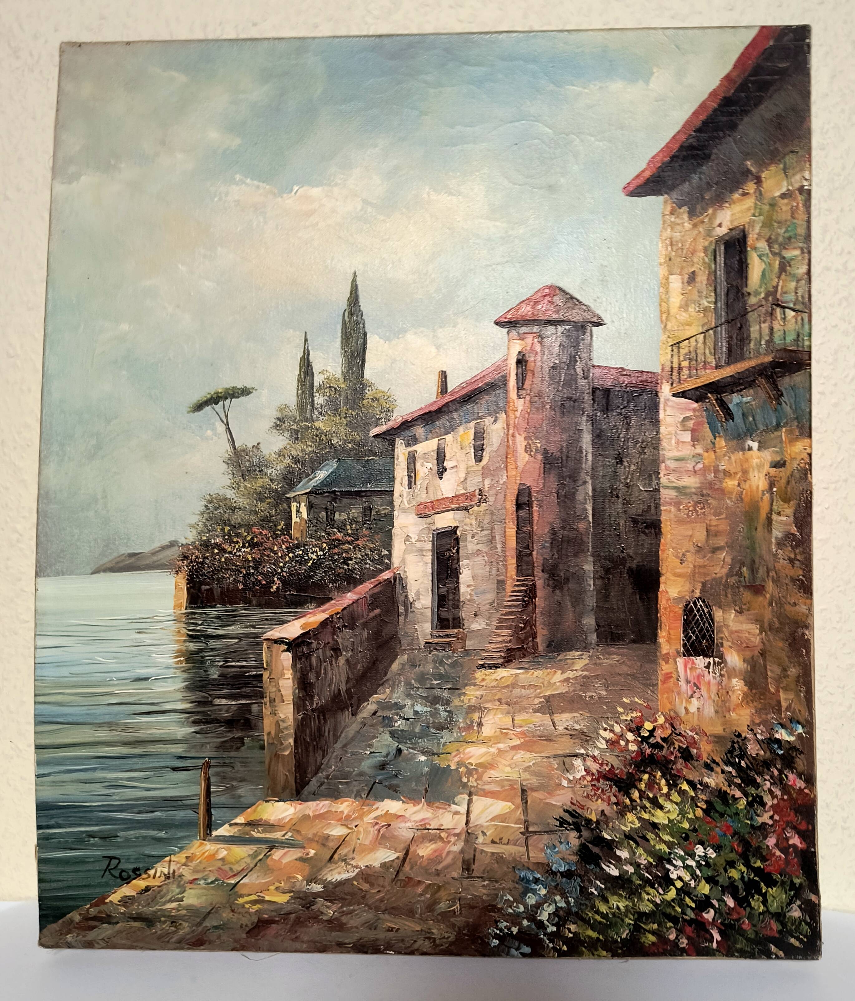 Vintage oil painting "Mediterranean Seaside" – Signed Rossini