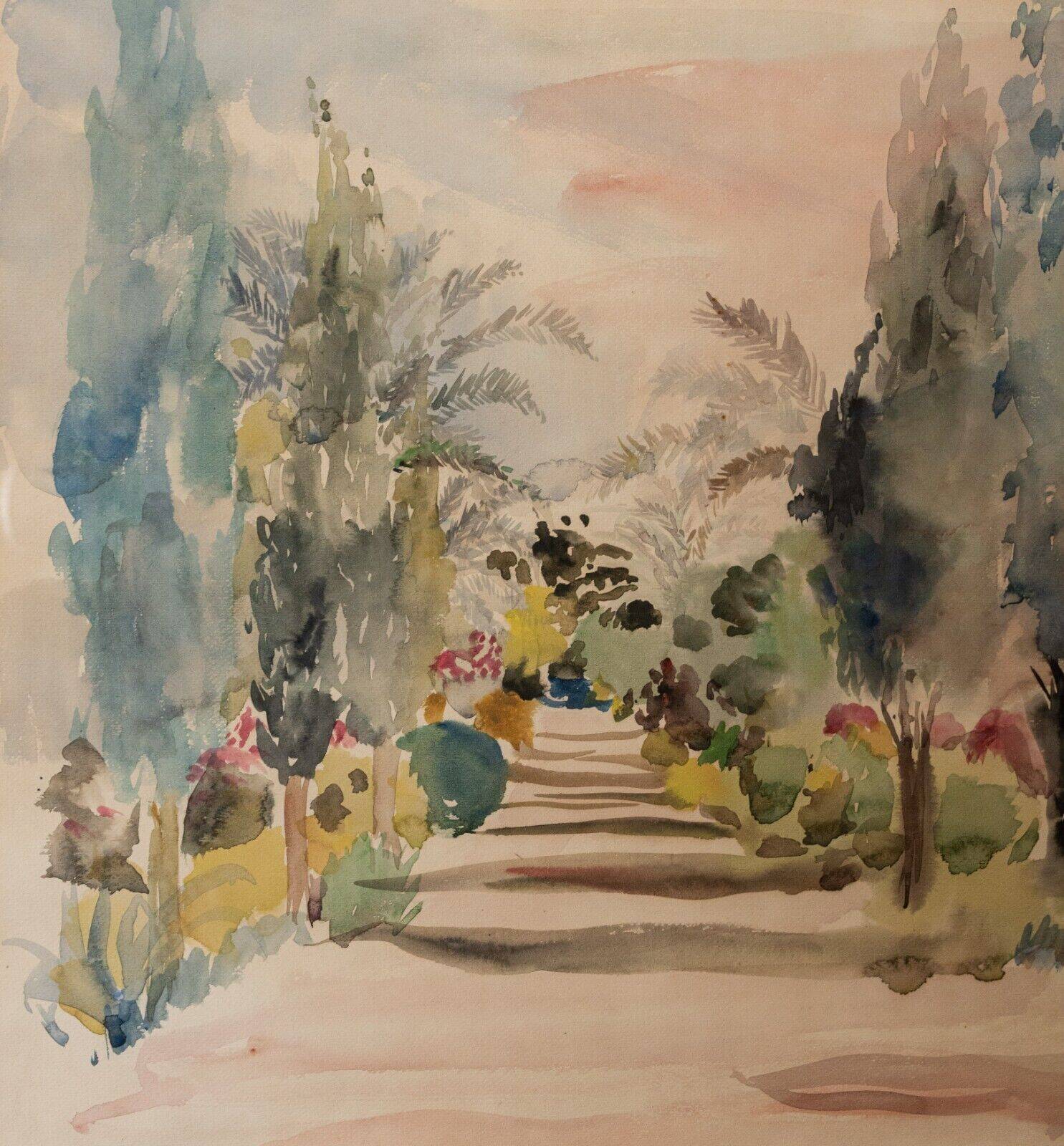 Watercolor on paper by Bernadette Sers Allée de Cyprès 20th century