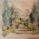 Watercolor on paper by Bernadette Sers Allée de Cyprès 20th century