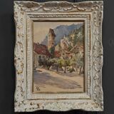 Watercolor on paper 1920 mountain village whitewashed frame