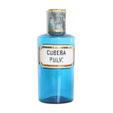12th century fine pharmacy bottle, blue glass and porcelain label, antique, vintage