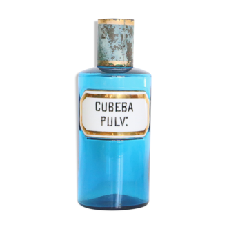 12th century fine pharmacy bottle, blue glass and porcelain label, antique, vintage