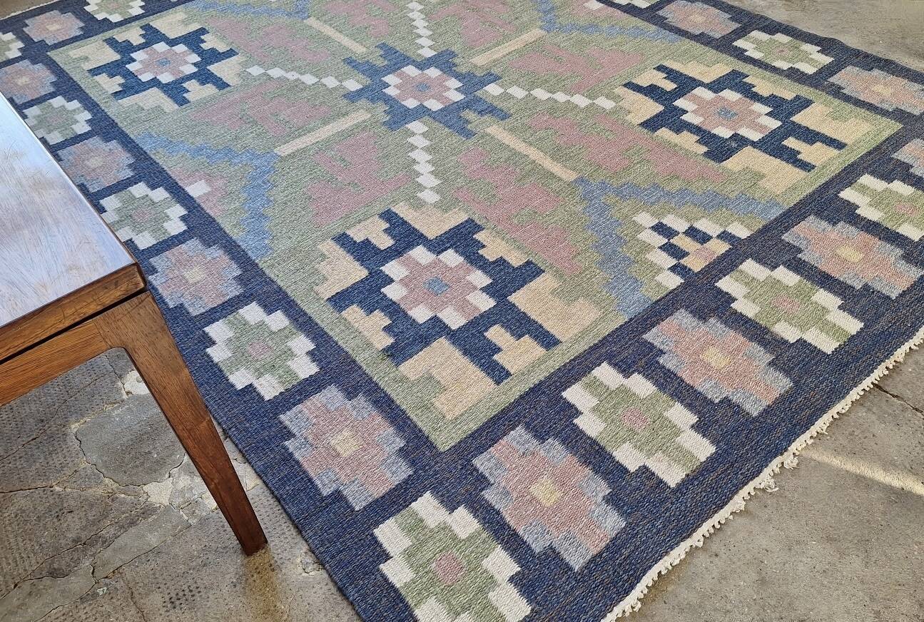 Mid century Scandinavian rug, Swedish wool flatweave with geometric design