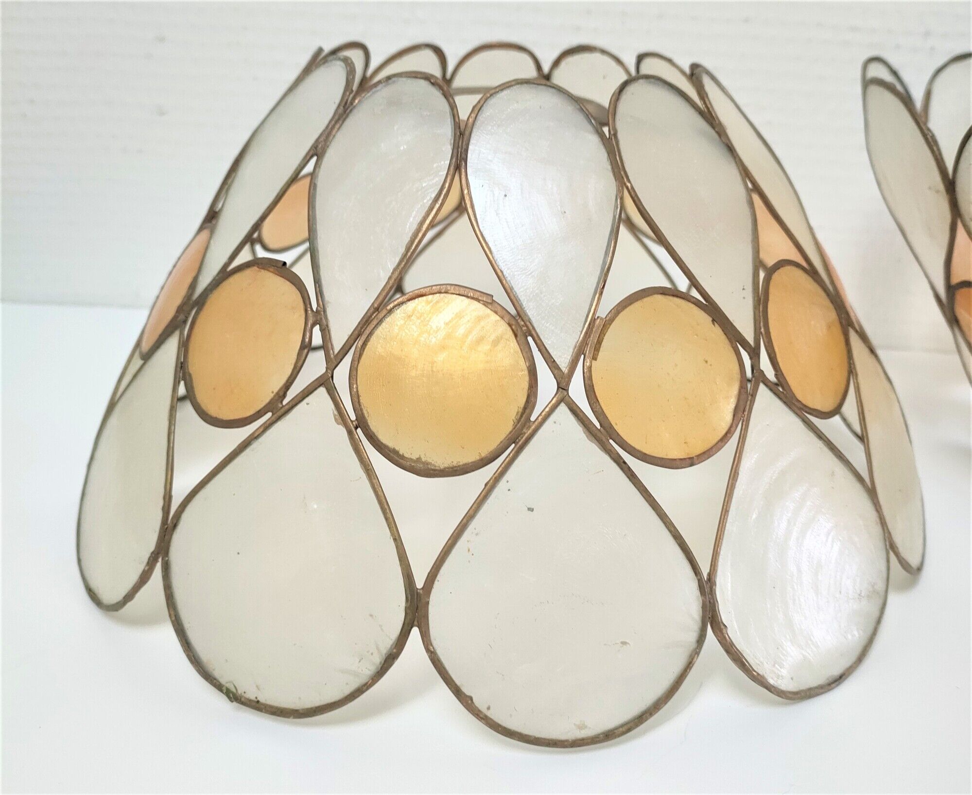 Pair of Capiz mother-of-pearl lampshade and vintage gilded metal
