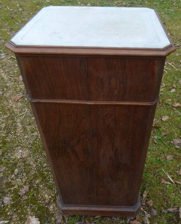 Walnut and walnut veneer bedside table with marble around 1900, door with drawers