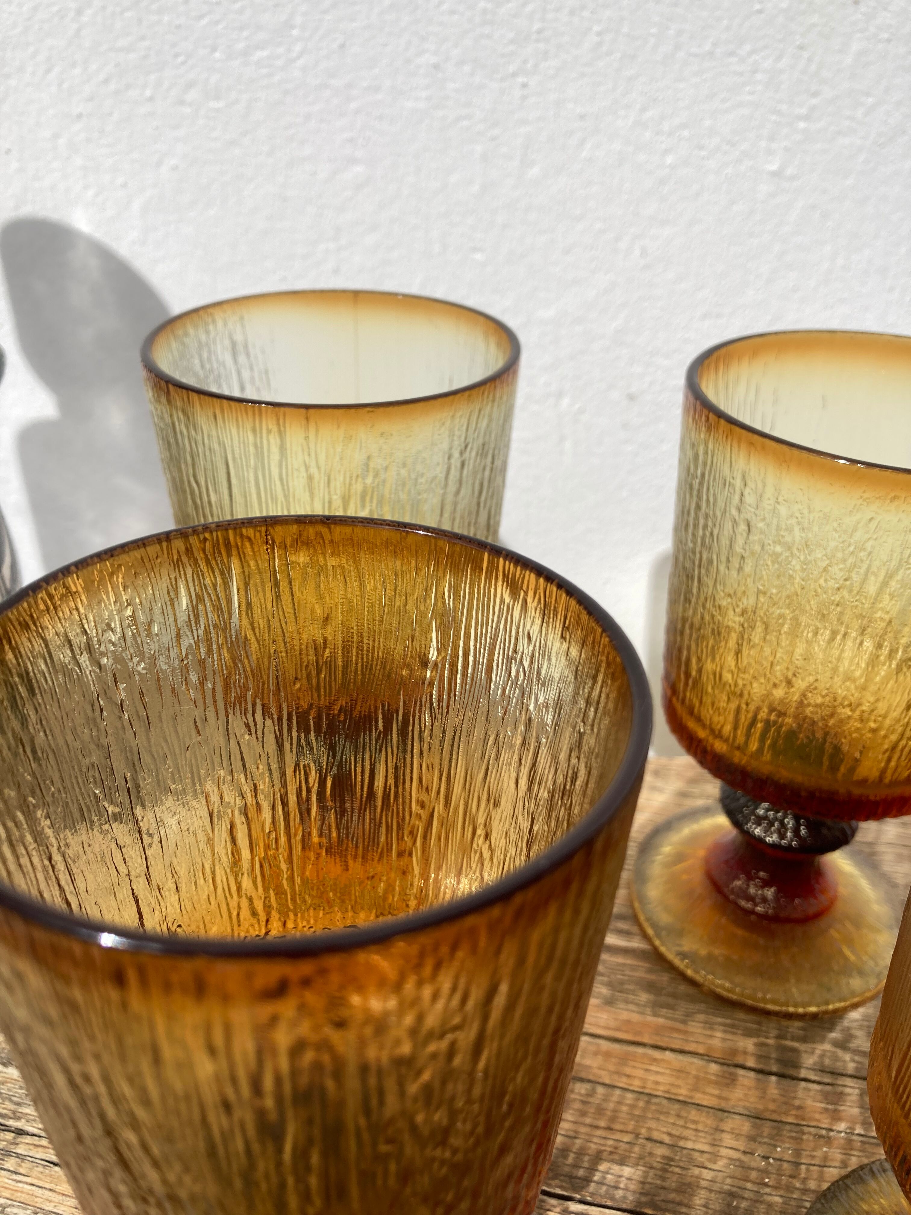6 vintage amber stemmed glasses