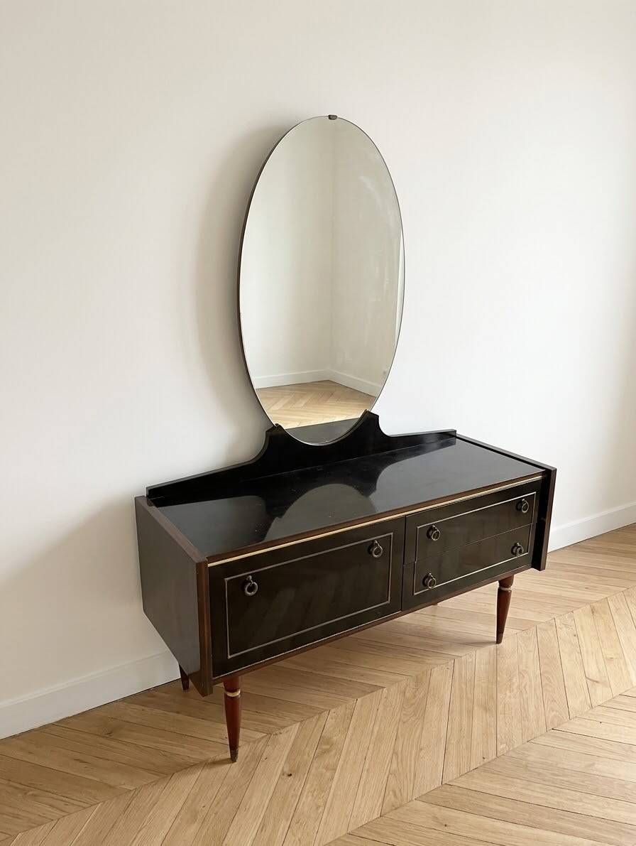 Art Deco dressing table in black lacquered wood with mirror