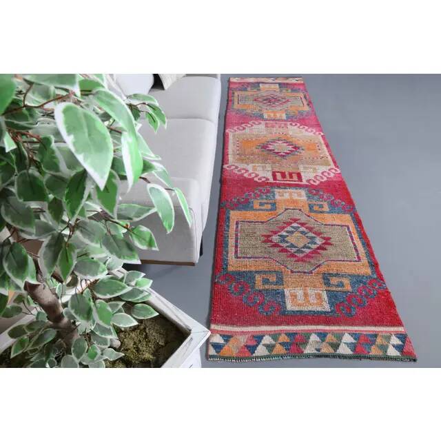 Vintage Turkish Hand-Knotted Wool Cotton Pink Runner Rug 94x358
