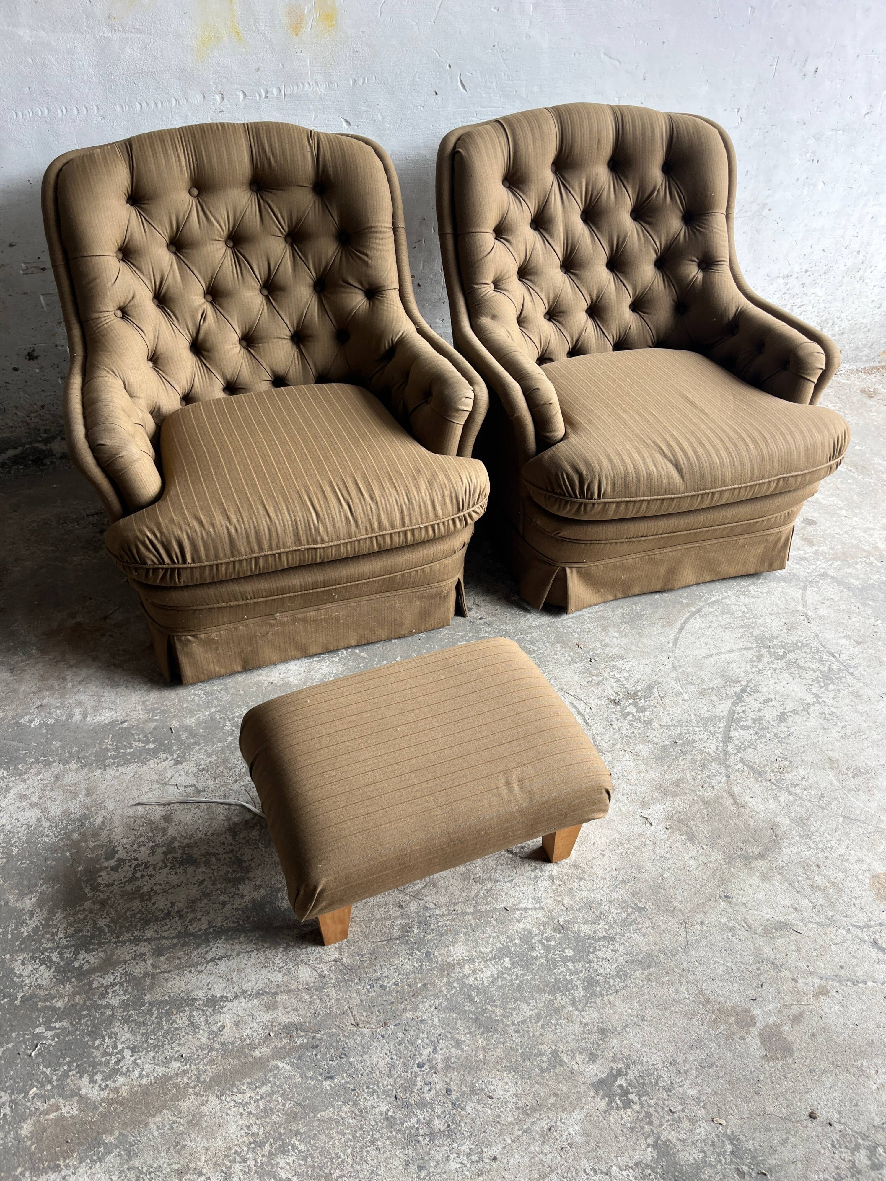 Pair of upholstered lounge chairs with ottoman, 1970s
