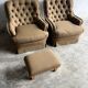 Pair of upholstered lounge chairs with ottoman, 1970s