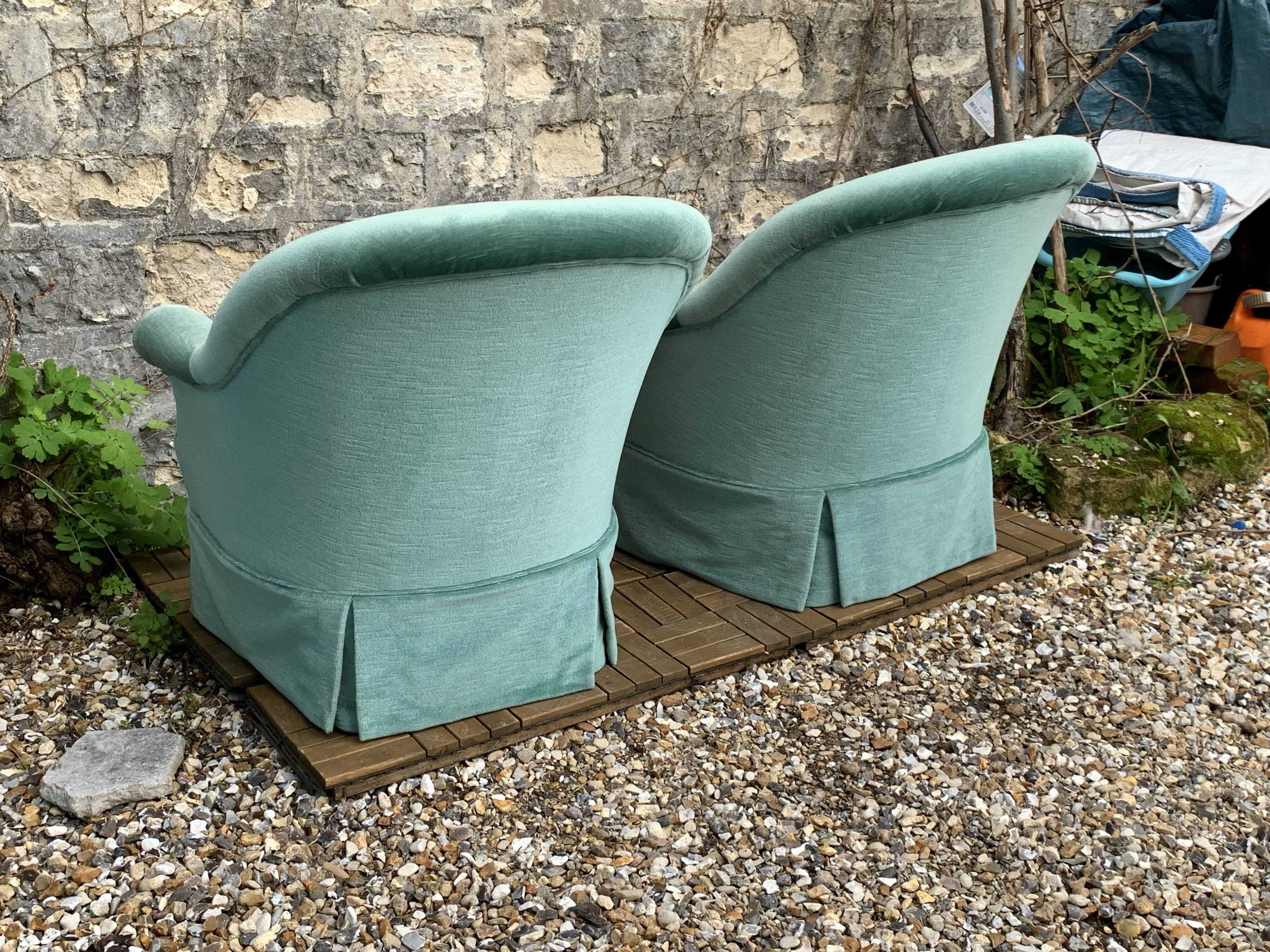 Pair of toad armchairs in water green velvet, 1970