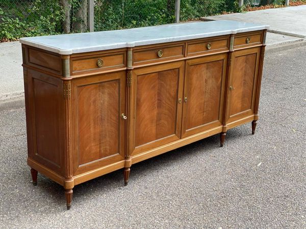 Buffet enfilade Louis XVI en acajou massif plateau marbre blanc 222cm 1950