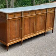 Louis XVI sideboard in solid mahogany with a white marble top, 222cm, 1950.