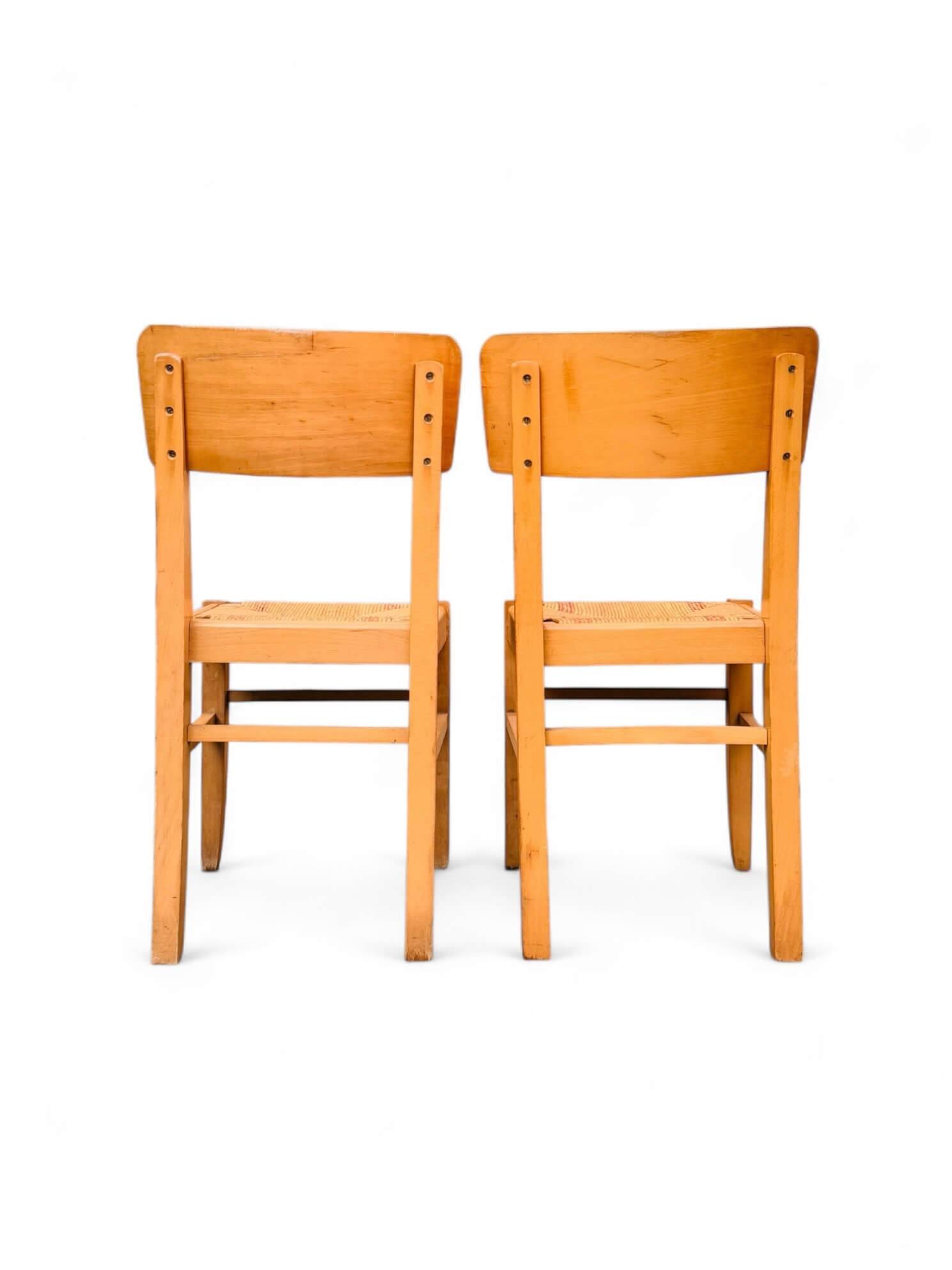 2 vintage beech chairs, straw seats