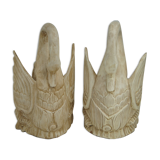 Two wall lamps in carved and lacquered cream wood, representing swans