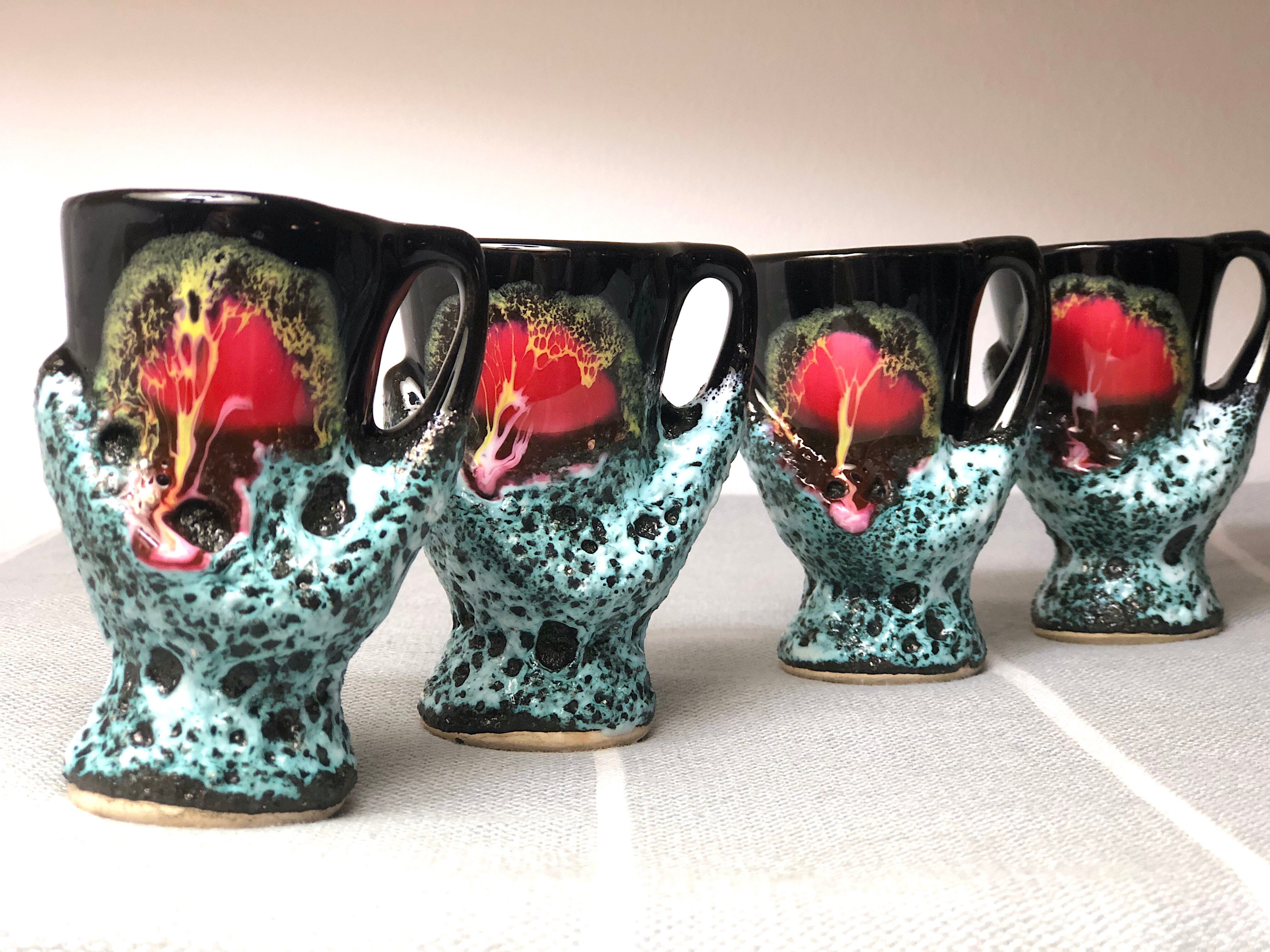 Old coquetiers signed Vallauris Turquoise and Red