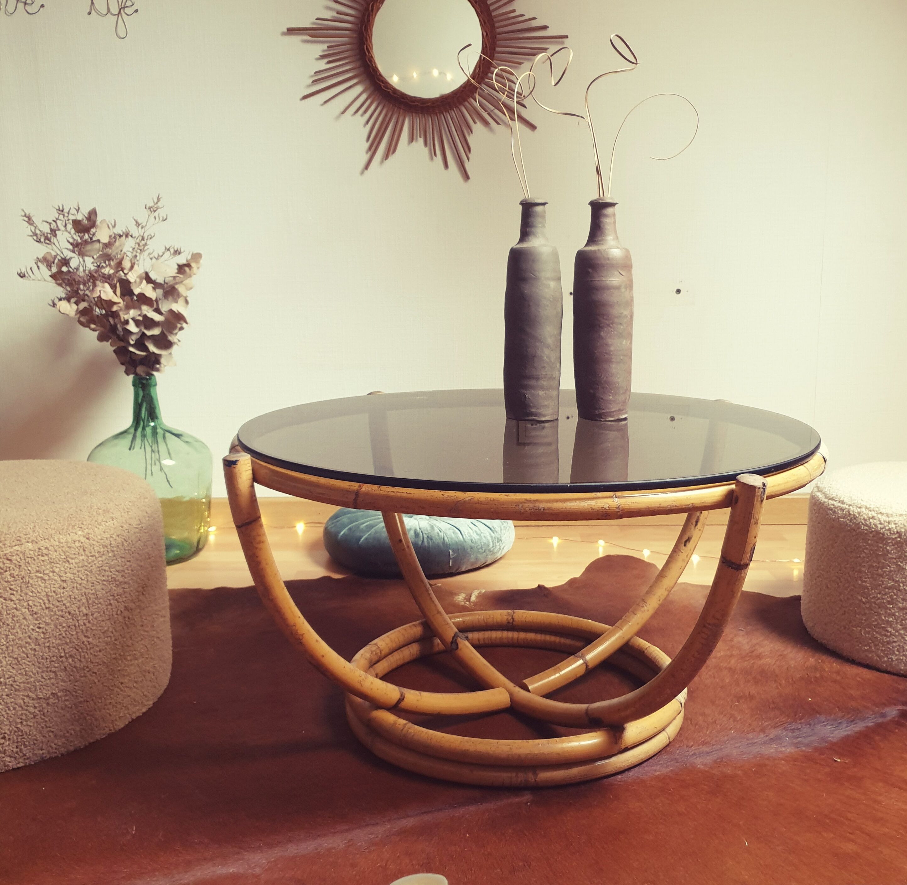 Table rotin ronde vintage verre fumé