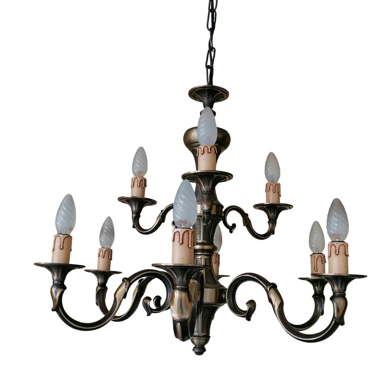 Lampadario vintage a nove luci in ottone, anni '50