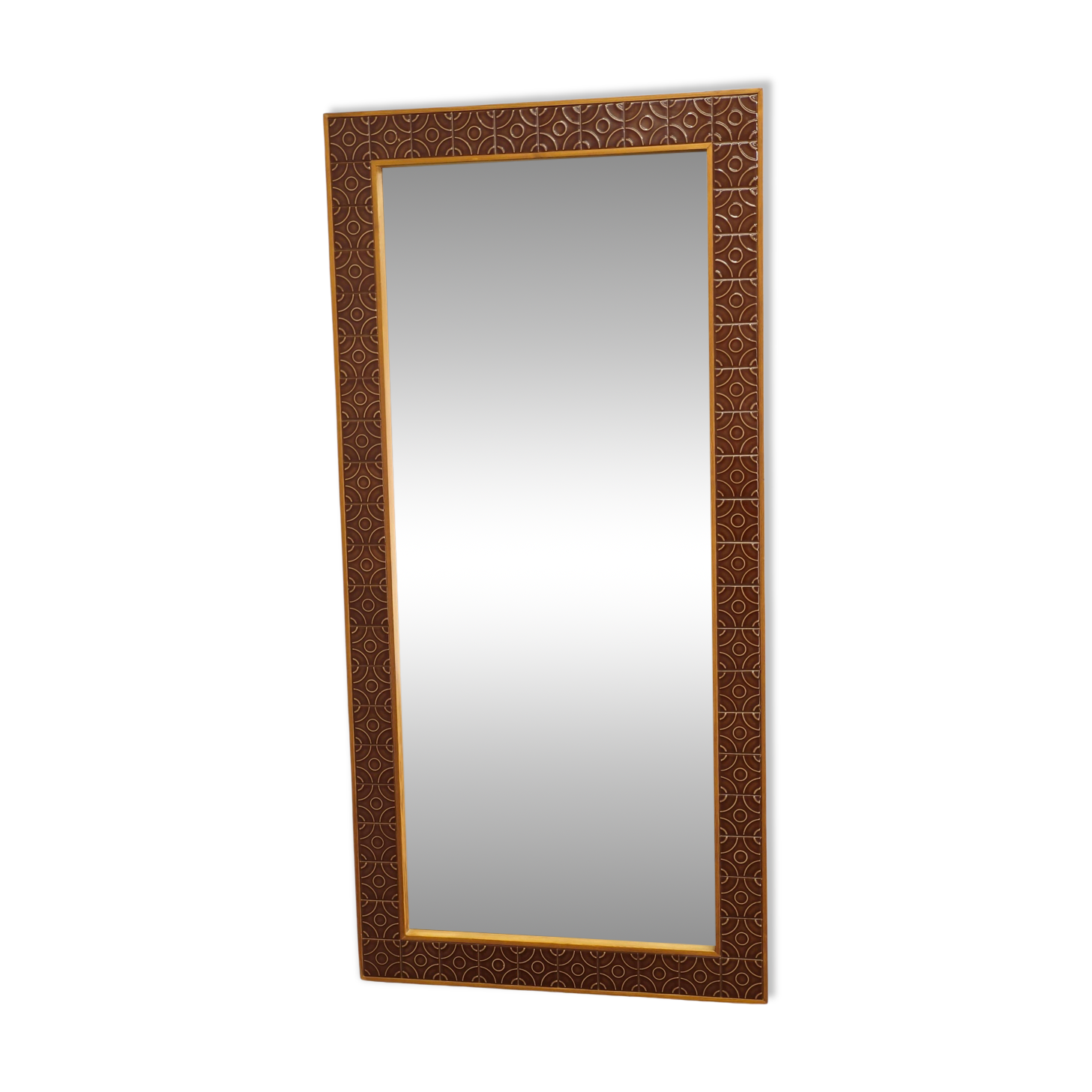 Danish Pine and Ceramic Tile Wall Mirror, 1960s