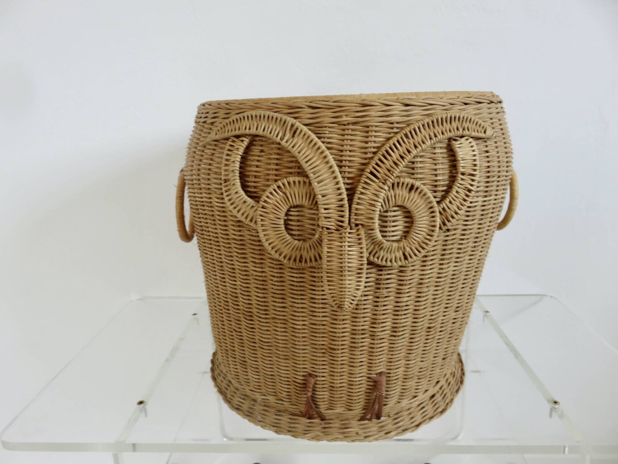 Corbeille de rangement en rotin tressé "hibou, chouette" 1970