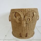 Woven rattan storage basket "owl, chouette" 1970
