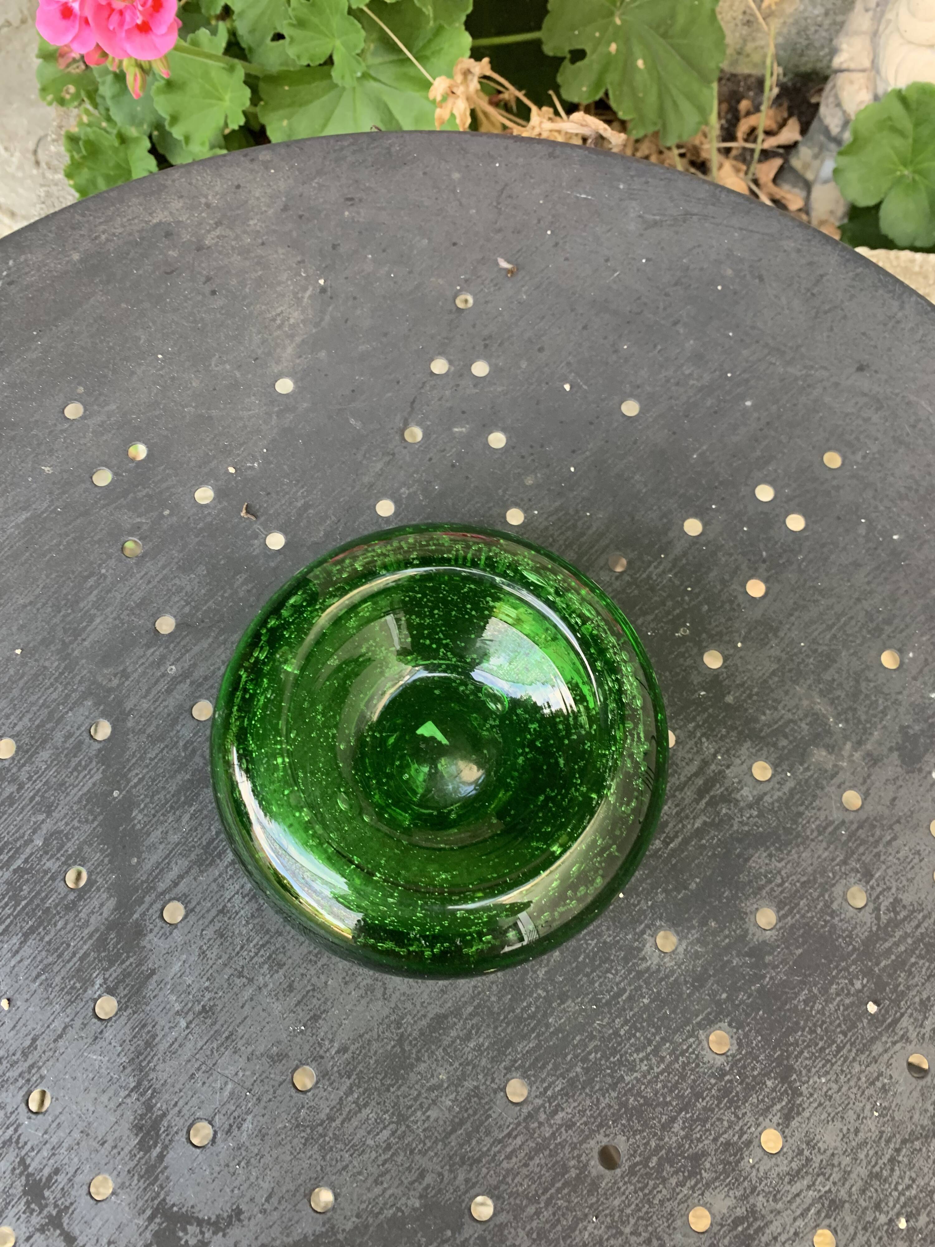 Organic glassware ashtray in signed and vintage green blown glass