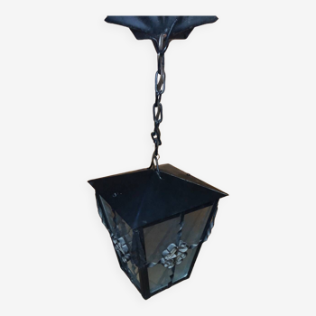 Ancienne suspension lanterne fer forgé noir + plaques verre vintage #a546