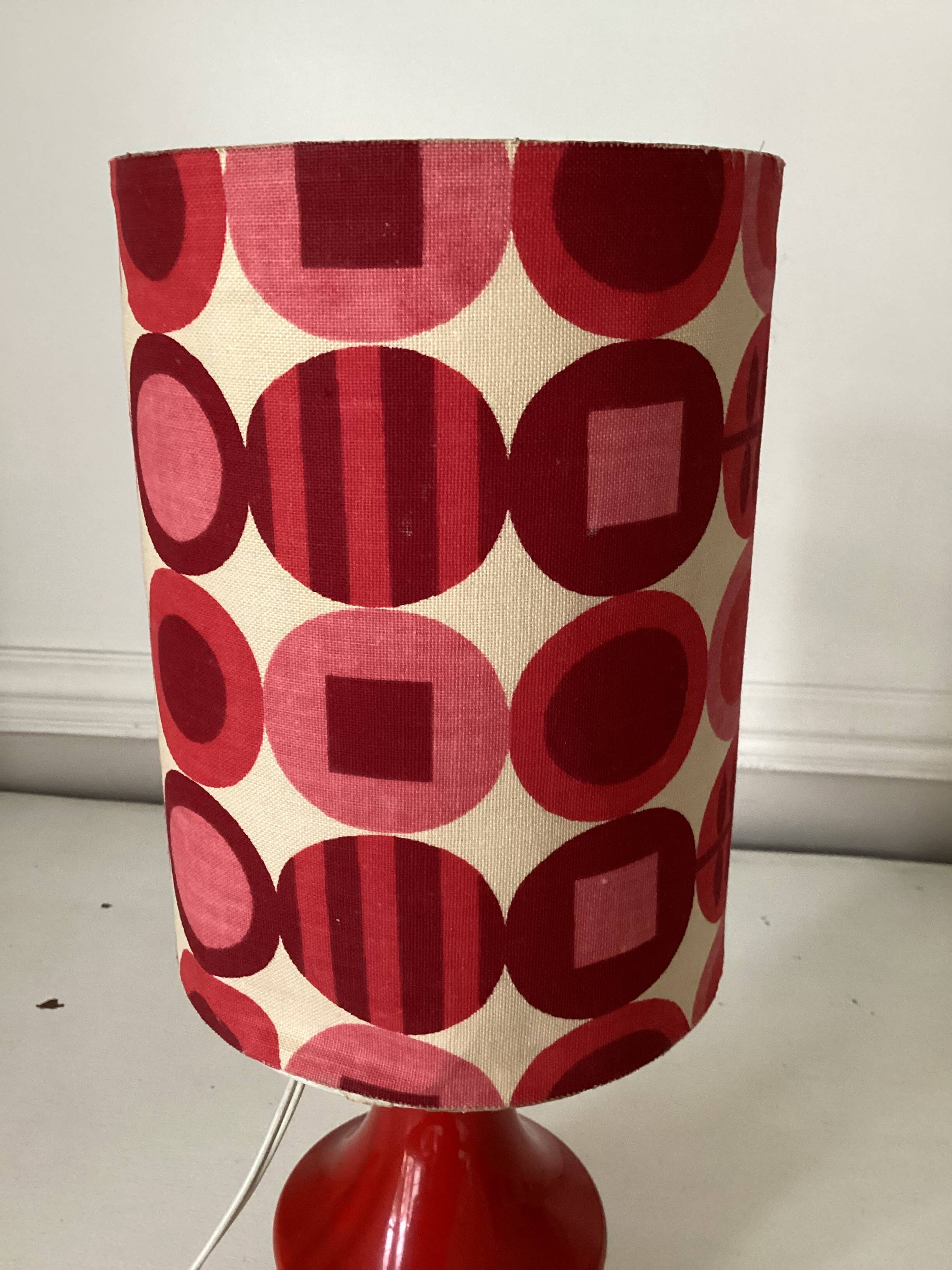 Vintage lamp with glass base and textile lampshade, 1970s