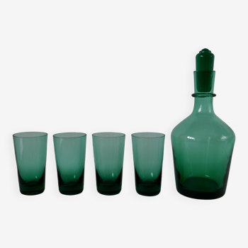 Ensemble d'une carafe et de 4 verres design en verre vert années 70