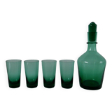 Set of a carafe and 4 designer glasses in green glass from the 70s