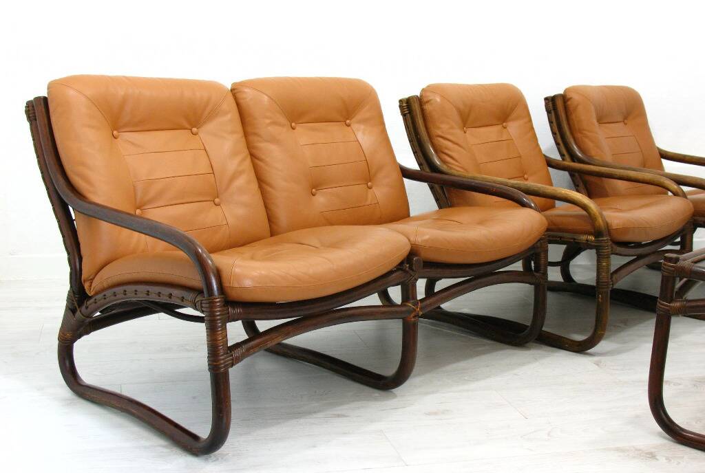 Italian Bamboo, Rattan, and Leather Living Room Set, 1970s