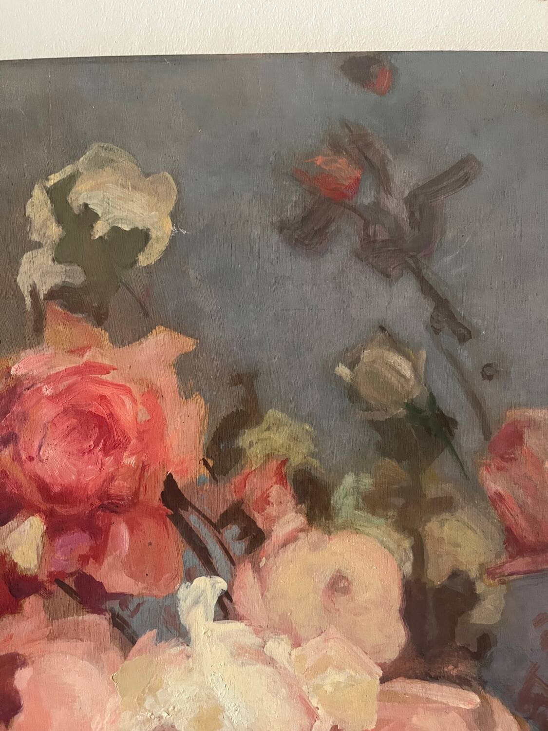 Large bouquet of roses, oil on wood panel, signed