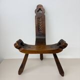 Brutalist hand carved oak Spanish tripod chair , 1970s