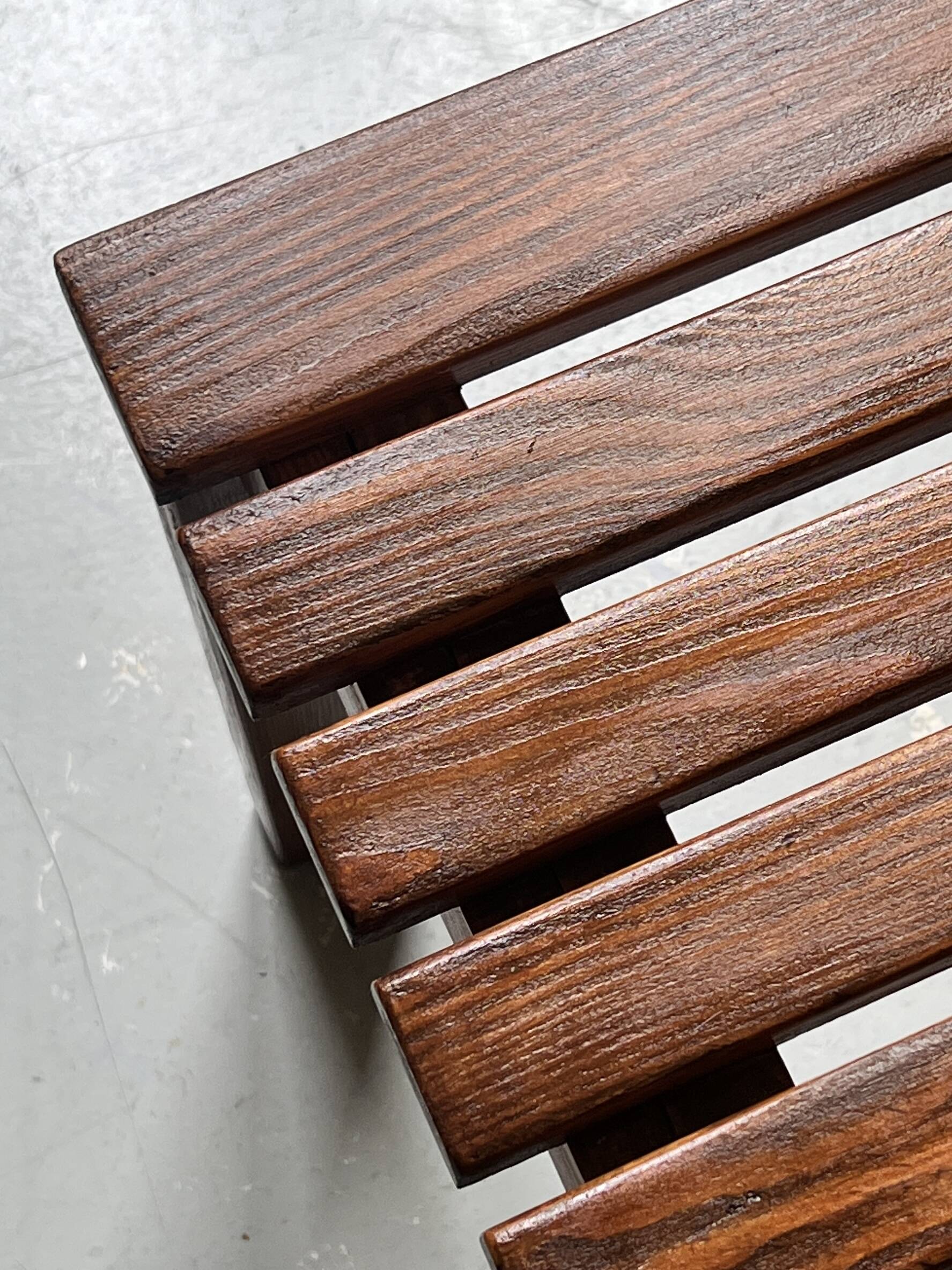 Bench / modernist coffee table made of wooden slats, 1970s design.