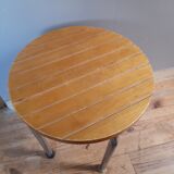 Tabouret 4 pieds tubulaire  assise bois strié, vintage