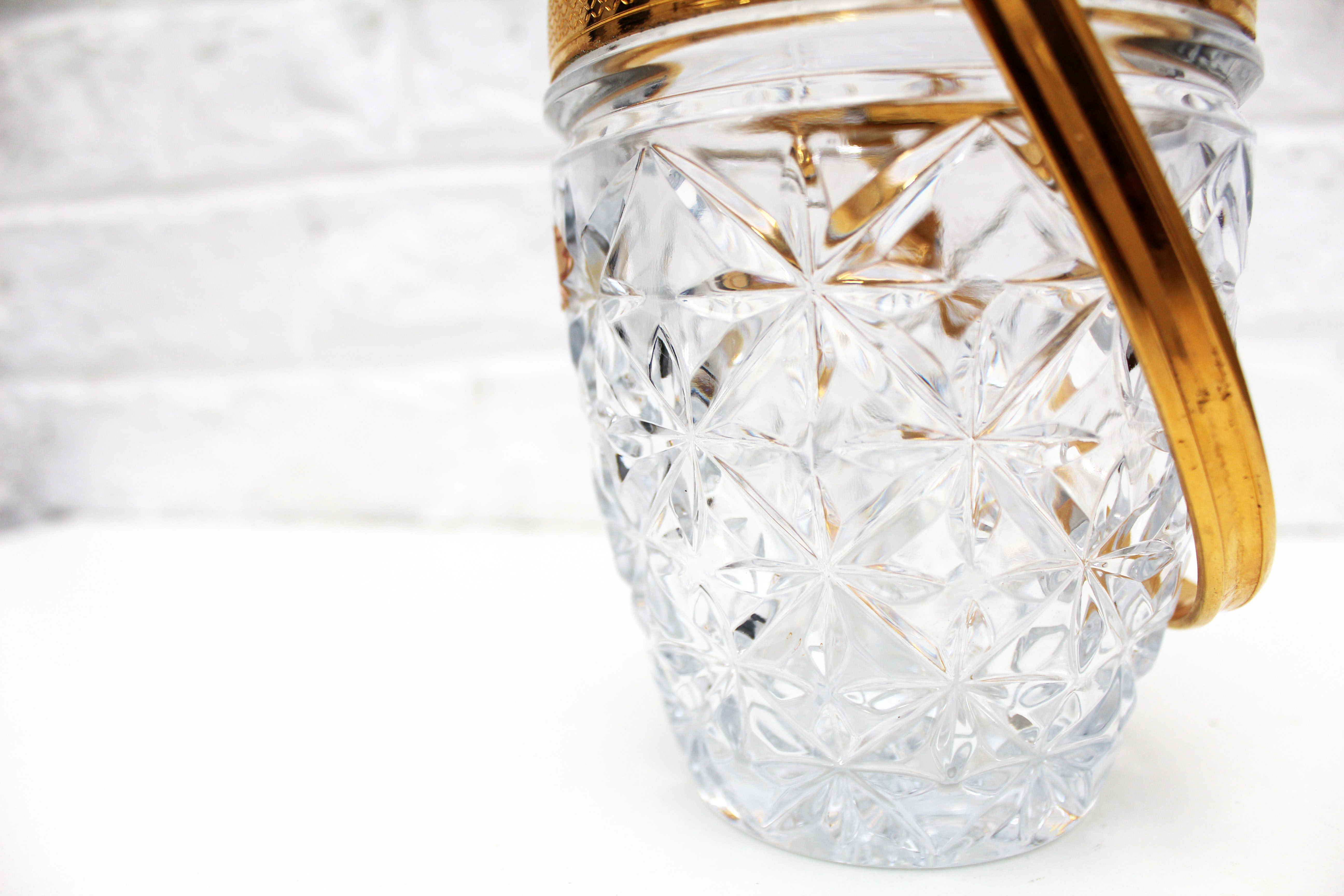 Vintage Glass Ice Bucket, ice cube bowl, gold metal rim
