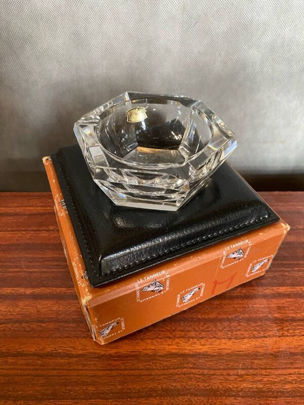 Ancien Cendrier Val St Lambert Cristal + Support Cuir Le Tanneur + Boîte