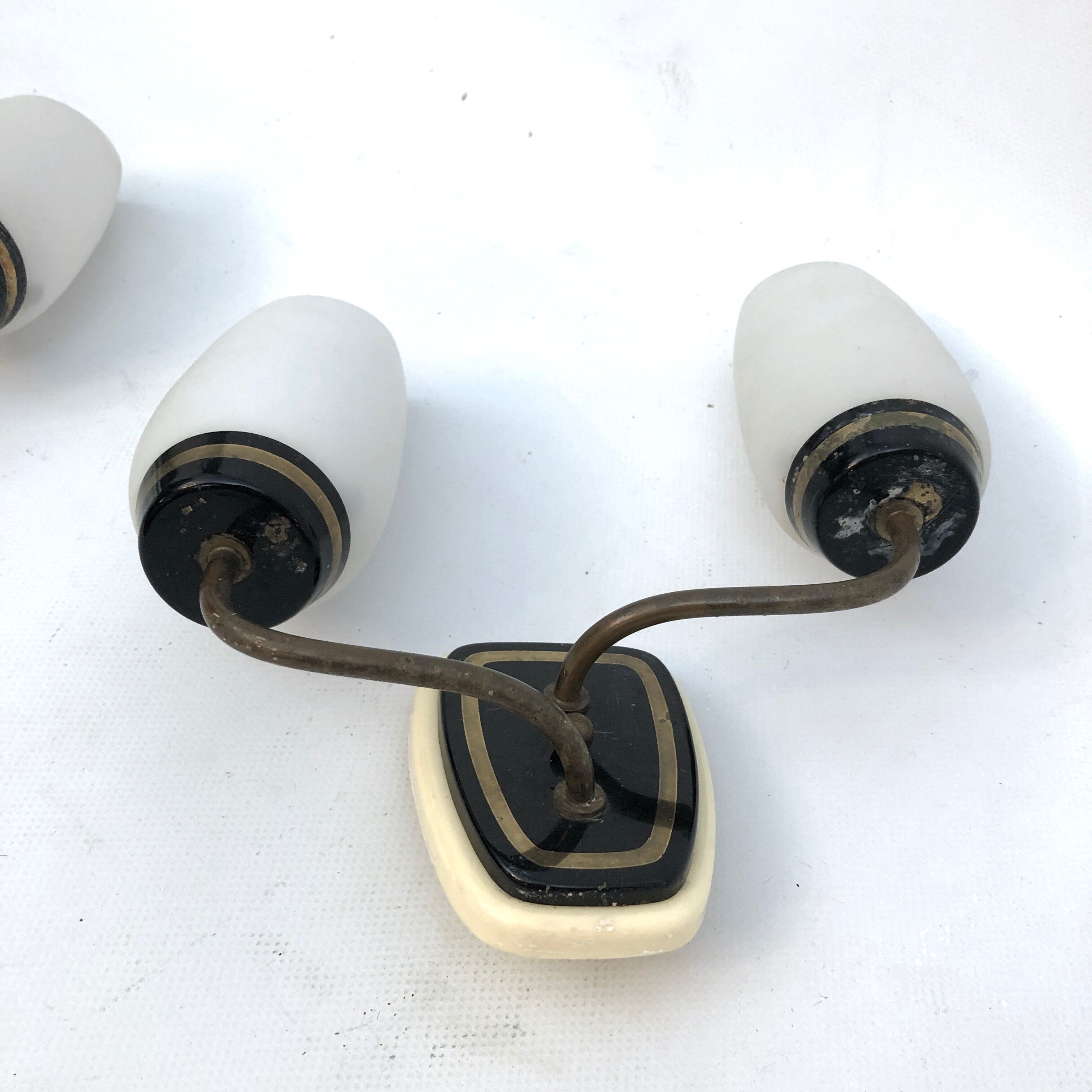 Mid-century Italian brass and opaline glass sconces. Set of two