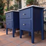 Tables de chevet MCM vintage – Bleu foncé, tiroirs et poignées laiton