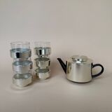 Vintage Modernist Set Of 6 Glass Coffee/Tea Cups With Ceramic Teapot