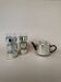 Vintage modernist set of 6 glass coffee/tea cups with ceramic teapot.