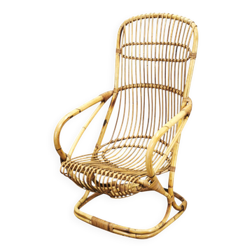 Tito Agnoli Italian Rattan Lounge Armchair, 1950s