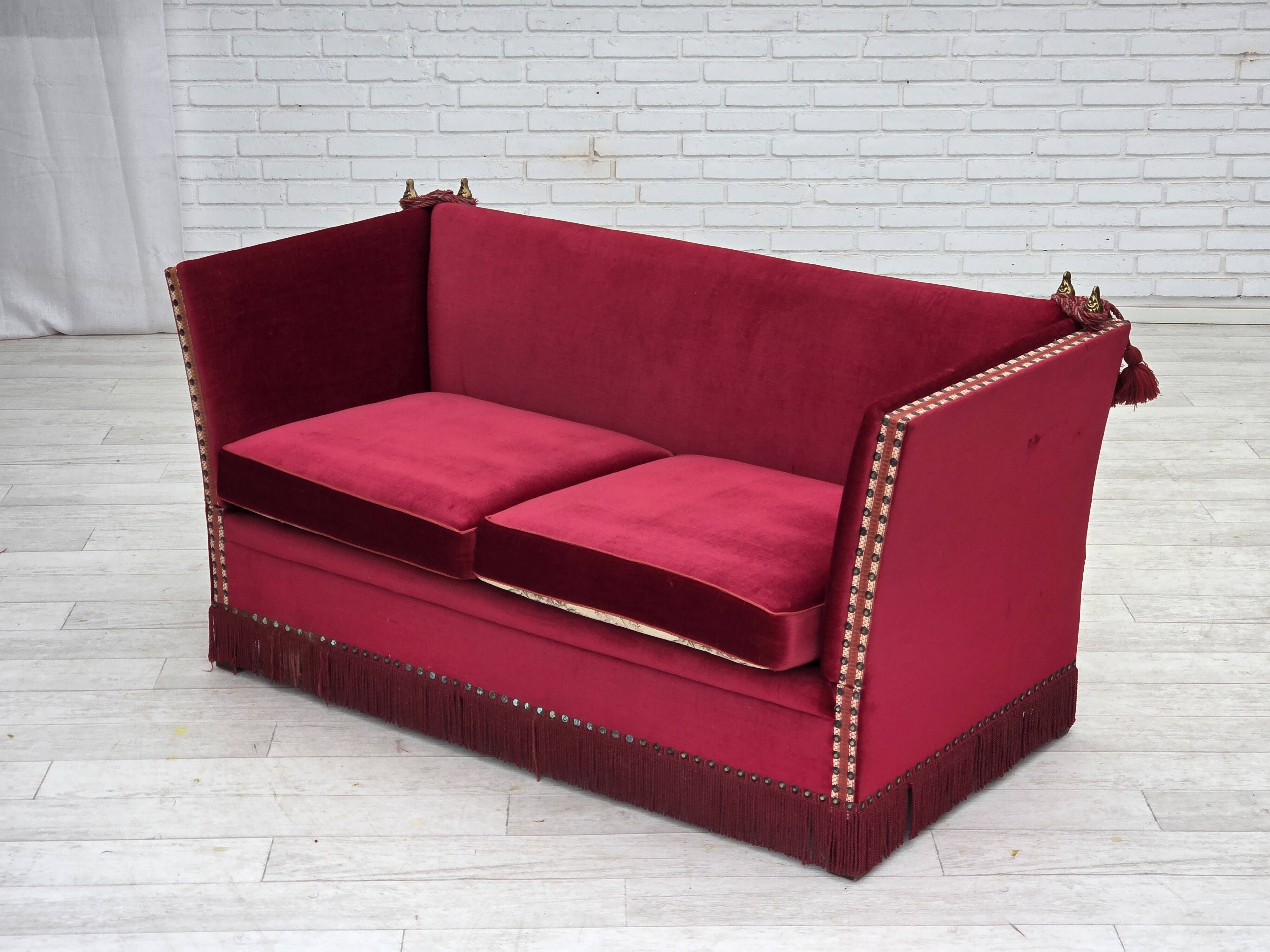 1970s, Danish "Spanish" sofa, furniture velour, ash wood legs.
