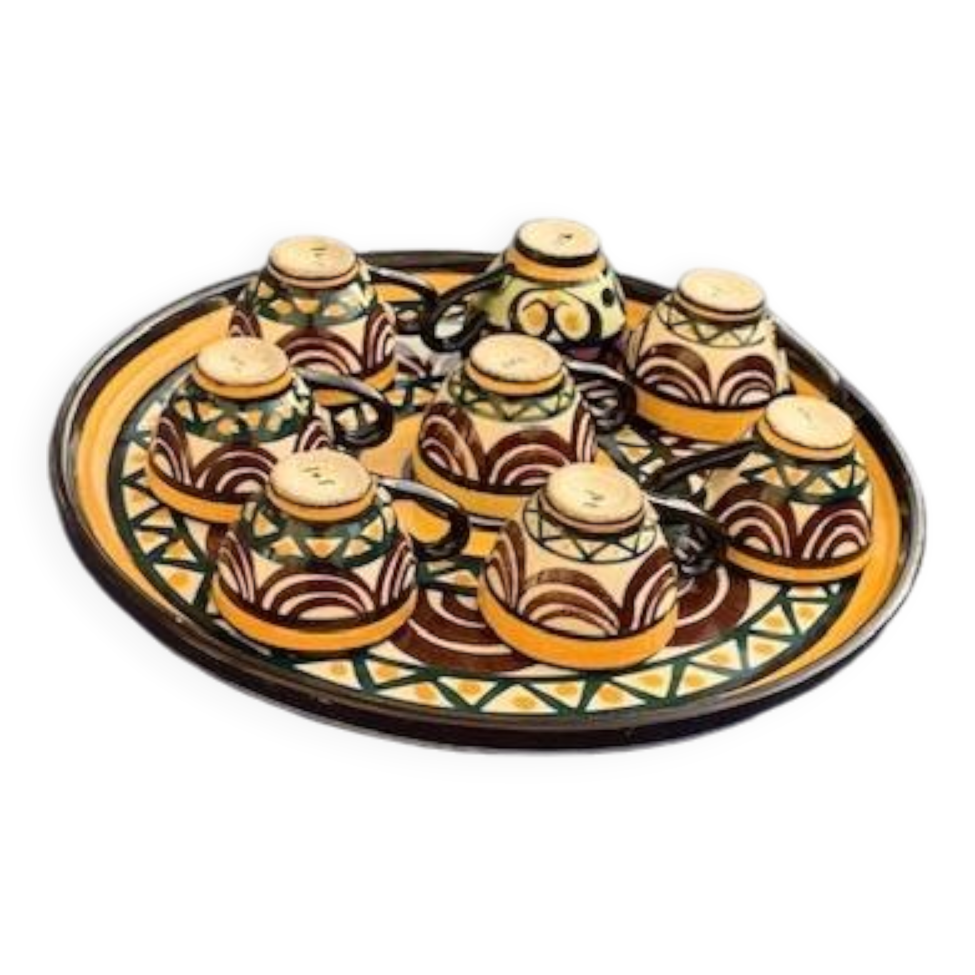 Tray, plate and 8 liqueur cups in ceramic from St Jean de Bretagne vintage 1950/60