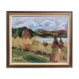 Peinture à l’huile de paysage expressionniste suédoise, encadrée  « Autumn View »