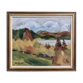 Peinture à l’huile de paysage expressionniste suédoise, encadrée  « Autumn View »