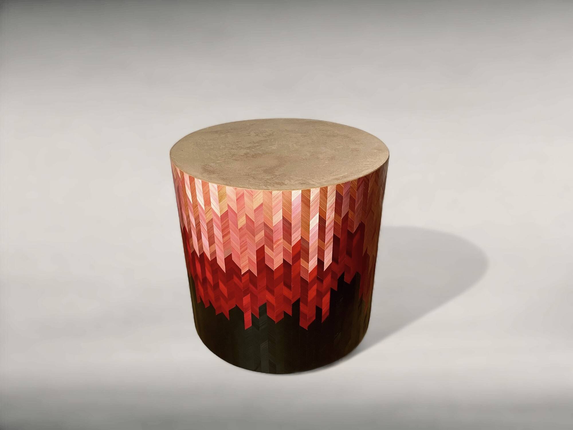 Side table with straw/inlaid concrete.