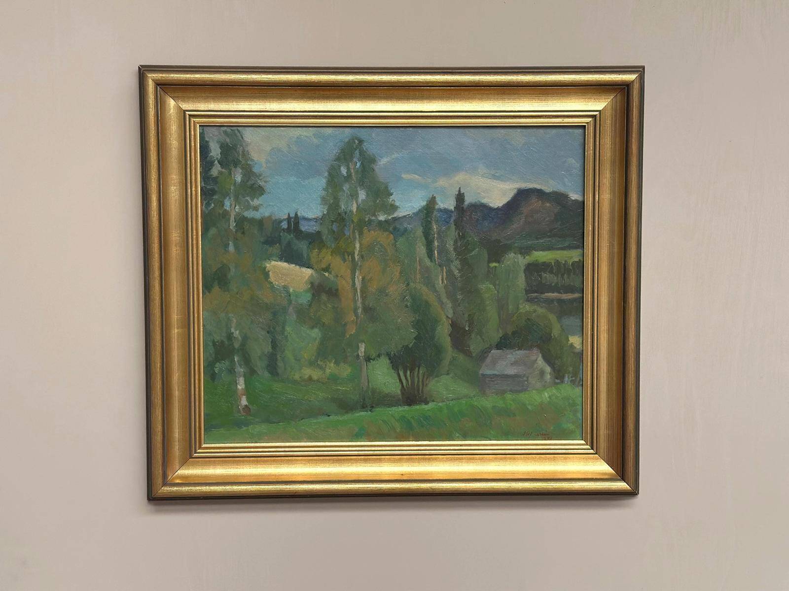 Huile sur panneau originale suédoise – « Paysage luxuriant » par Olof Larsson – Vintage et encadrée