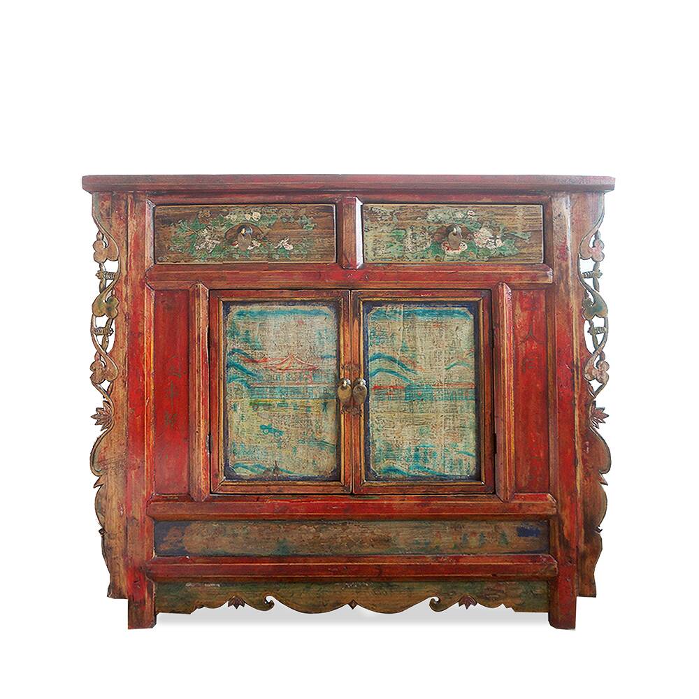 Antique Chinese sideboard in red lacquered wood with carved details and paintings