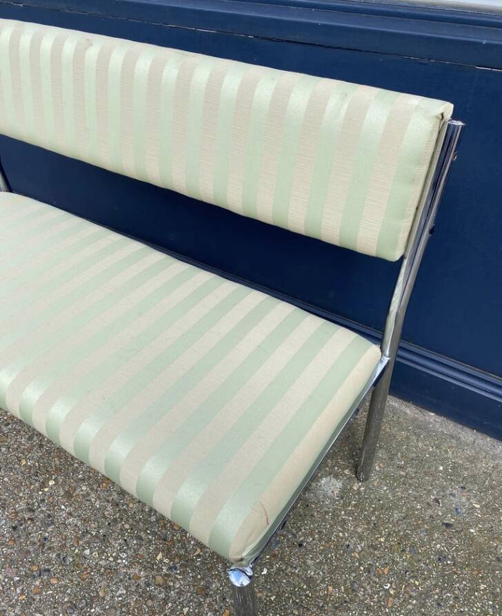 Chrome Bench Green Stripped 1970s Hollywood Regency Modernist Vintage